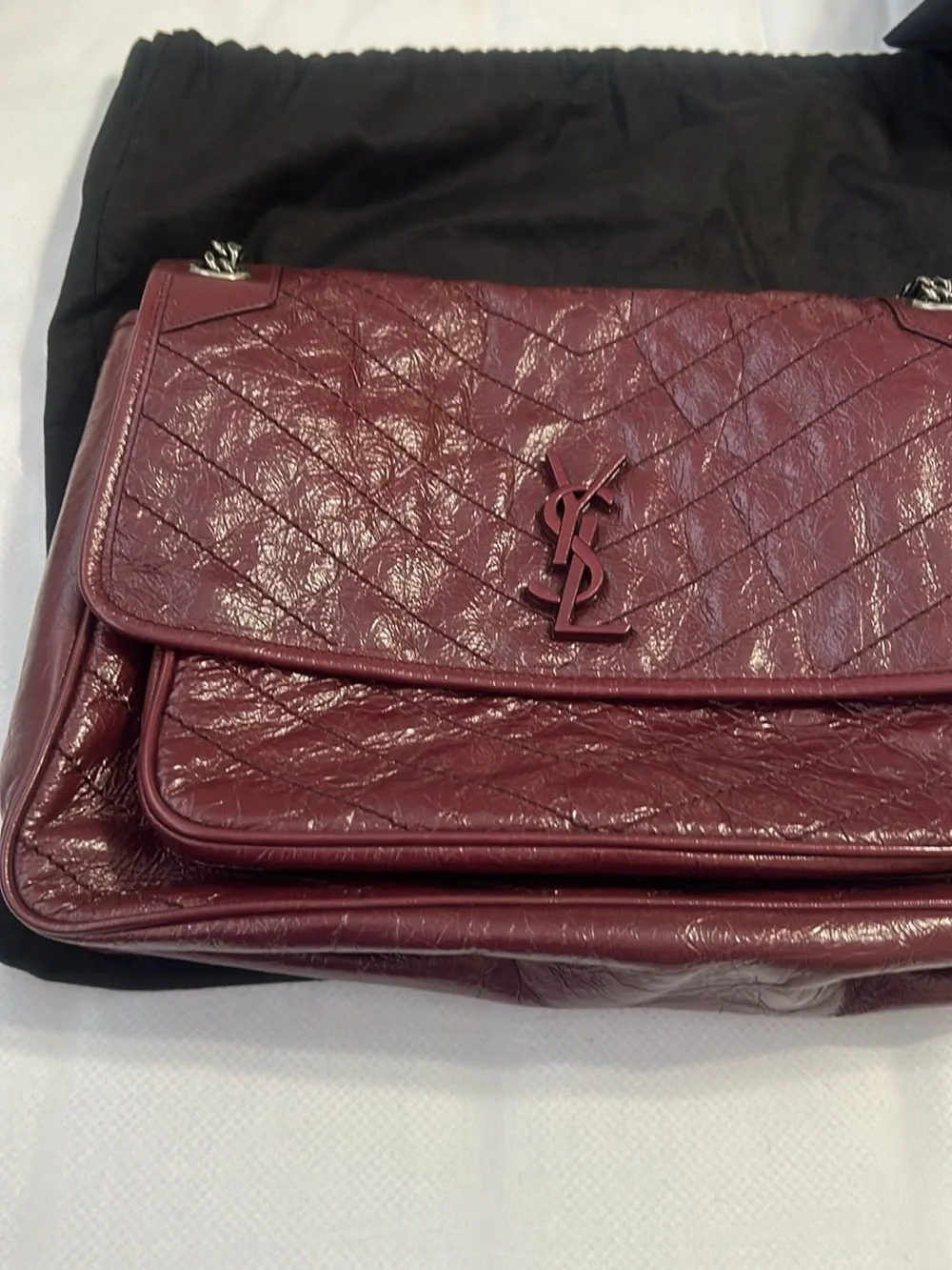 Yves Saint Laurent Quilted Burgundy Leather Shoulder Bag with Silver Chain